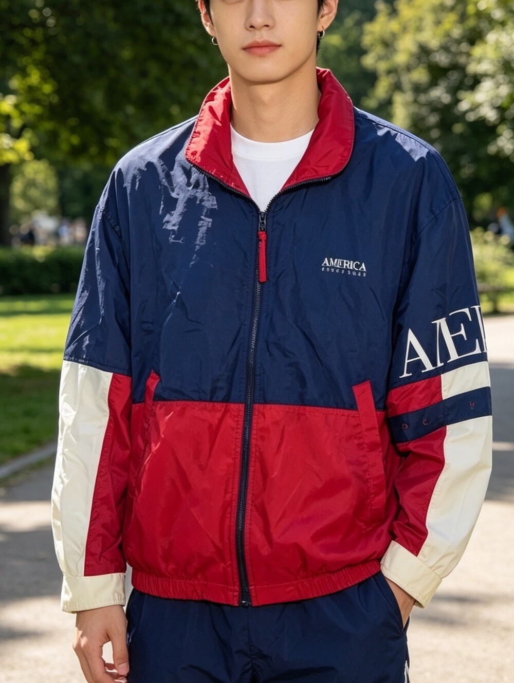 Vintage Perry Ellis America Windbreaker Jacket Red Navy Colorblock Size S